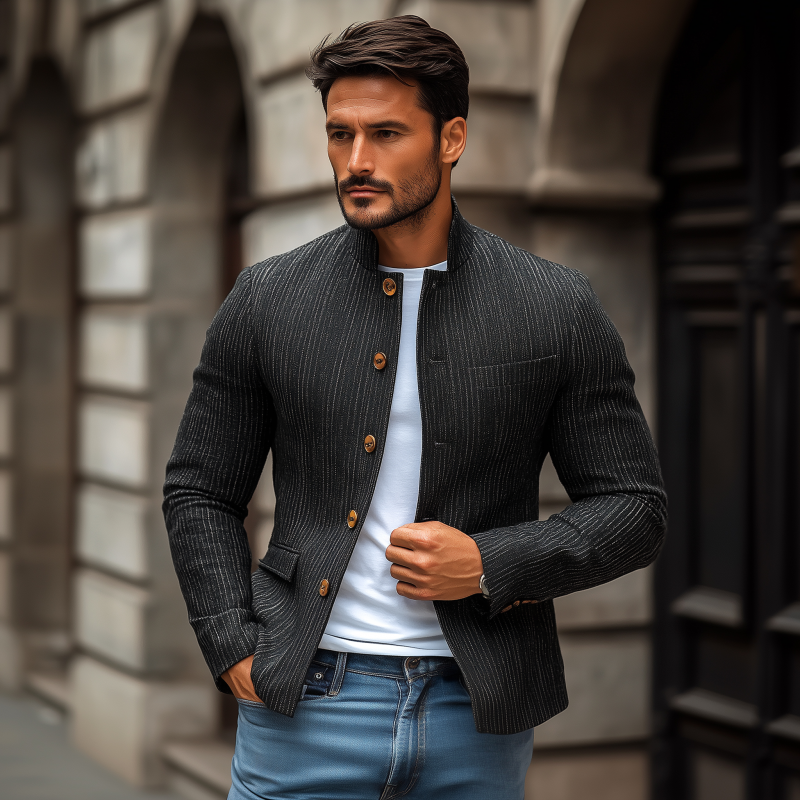 Men's Stylish Linen Striped Stand Collar Single Breasted Slim Short Blazer MTA1898G2M