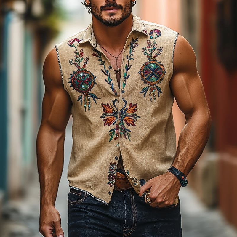 Men's Vintage Floral Embroidered Lapel Sleeveless Shirt MTA2757E9X