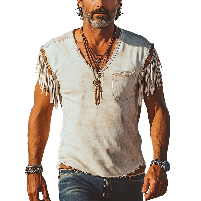 Men's Distressed Printed Tassel Polyester Blend Sleeveless T-Shirt MTA2924G9P
