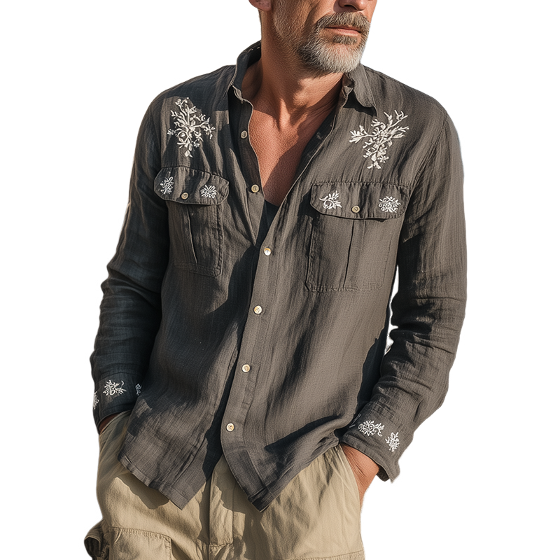 Men's Classic Retro Casual Cotton And Linen Embroidery Multi-pocket Loose Long-sleeved Shirt MTA1523G4K