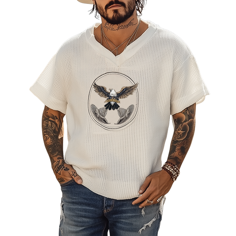 Men's Summer Fashion Casual Western Style Waffle Bald Eagle Embroidery V-neck Loose Short-sleeved T-shirt MTA2995E0K