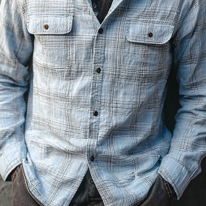 Men's Plaid Lapel Chest Pockets Long Sleeve Casual Shirt MTA1899H2Z
