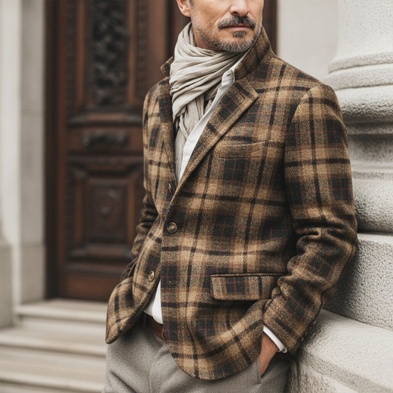 Men's Classic Plaid Stand Collar Double Vent Slim Fit Jacket MTA2249K8U