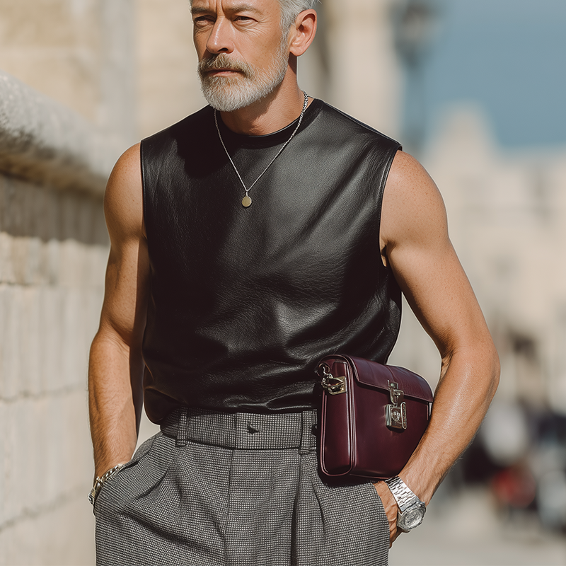 Men's Summer Fashion Leather Crew Neck Tank Top MTA2056F4P