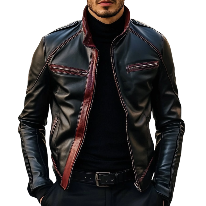 Men's Contrast Lapel PU Zipper Jacket MTA1963H3X