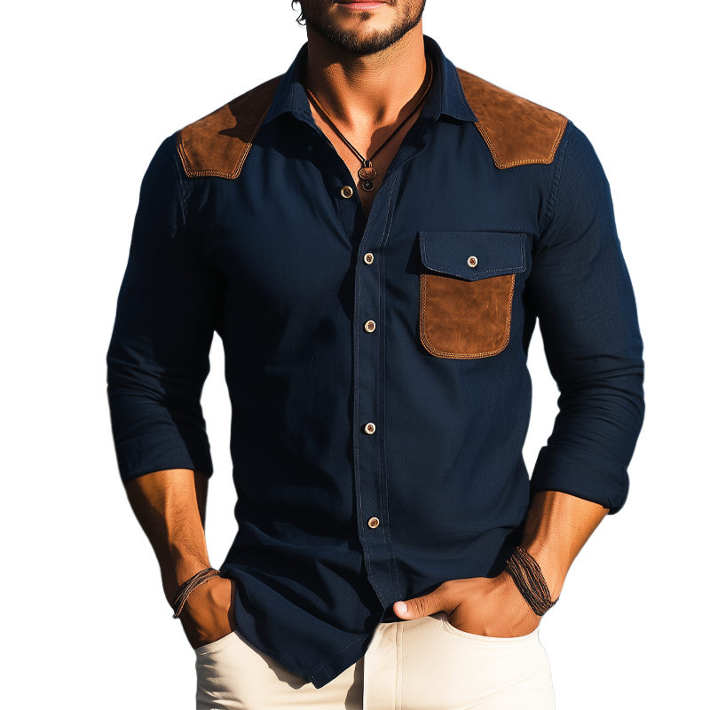Men's Business Cotton Suede Stitching Long Sleeve Shirt MTA2862G5U