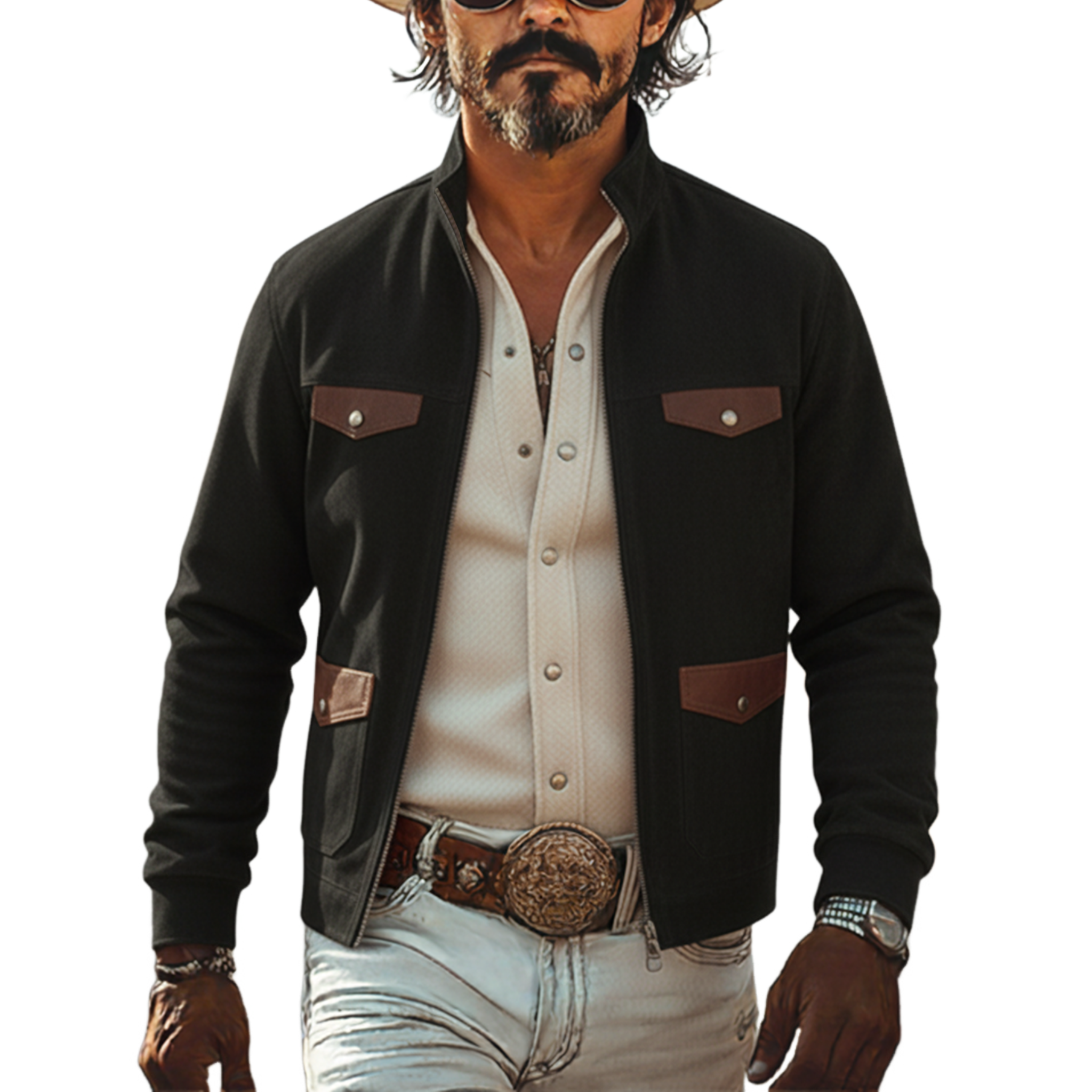 Men's Classic Retro Western Pocket Stitching PU Leather Stand Collar Faux Suede Jacket MTA2336J0K