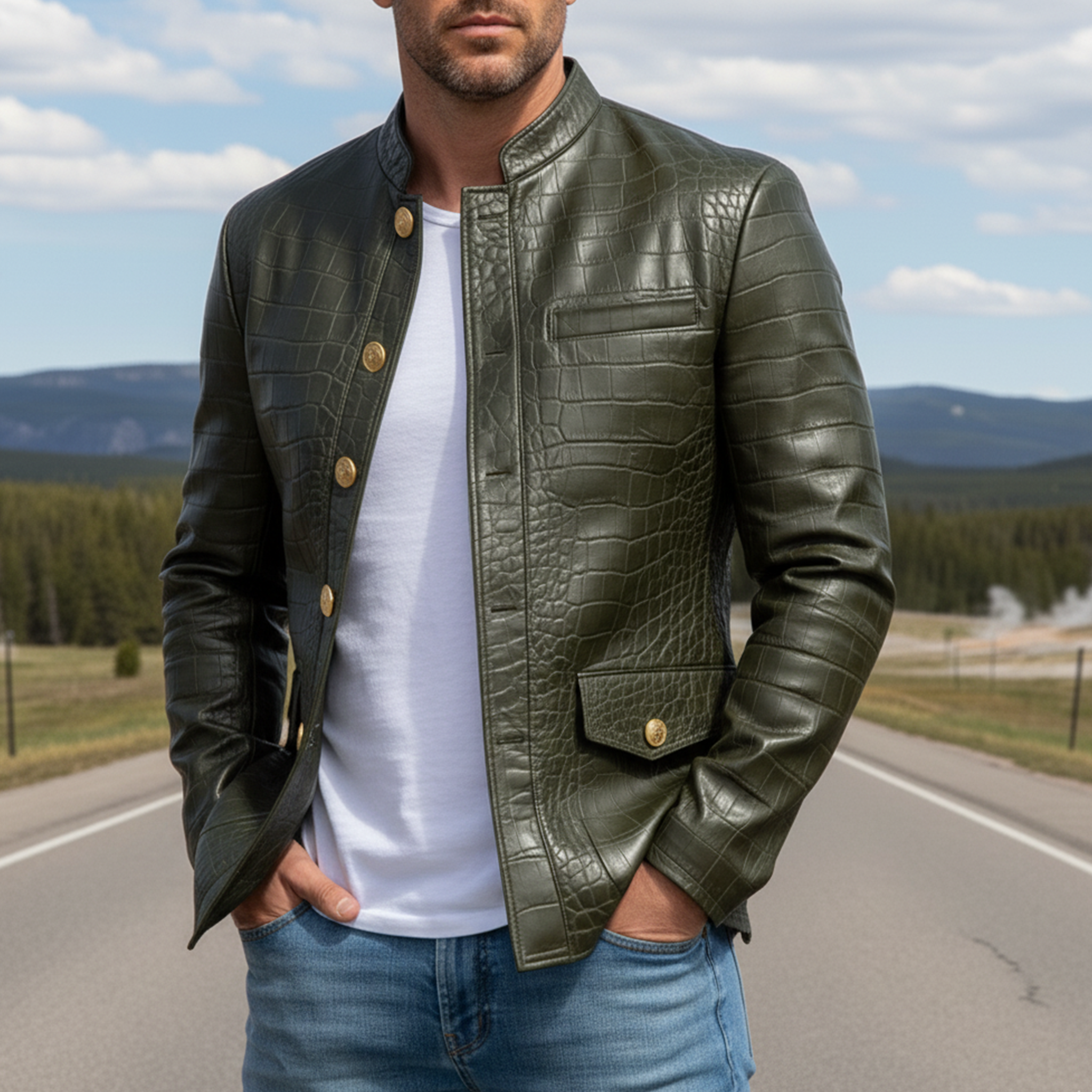 Men's Classic Casual Stand Collar Crocodile Leather Texture PU Leather Slim Fit Jacket MTA1390I2K