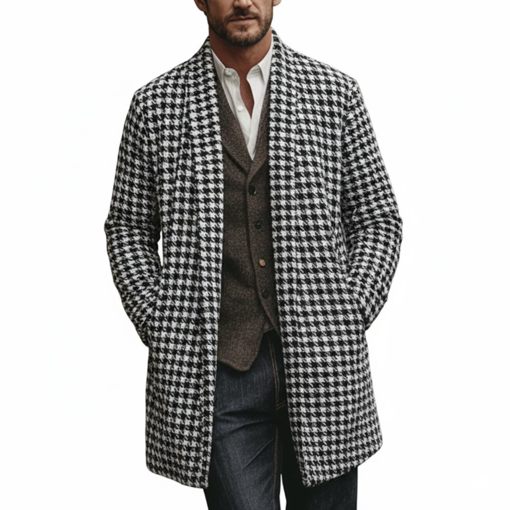 Men's Winter Fashion Houndstooth Cotton Knitted Mid-Length Cardigan MTA1633J9P