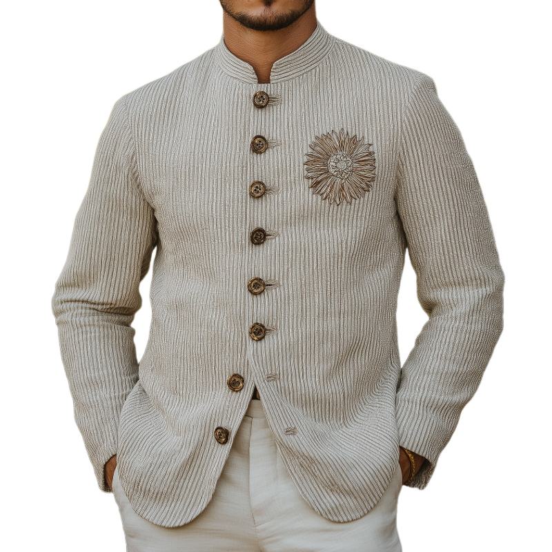 Men's Casual Comfortable Ribbed Embroidered Stand Collar Single Breasted Blazer 77773720F