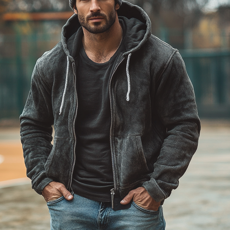 Men's Polar Fleece Vintage Zip-Up Hoodie Jacket MTA1396J1X