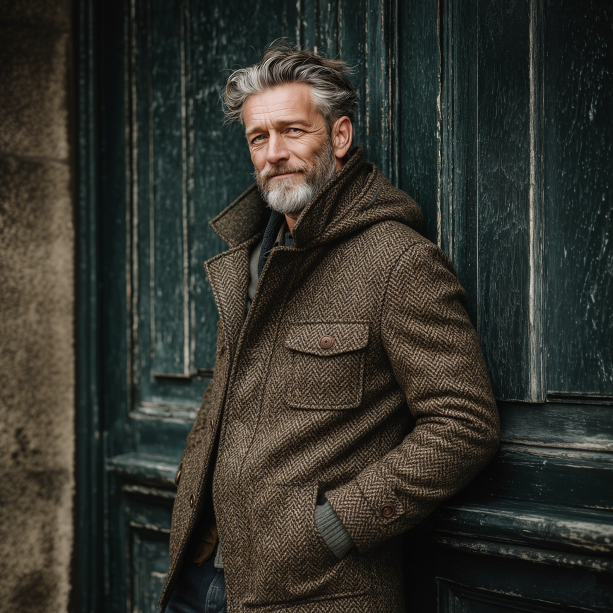 Men's Classic Retro Stand Collar Hooded Multi-pocket Faux Herringbone Wool Jacket MTA2914I3K