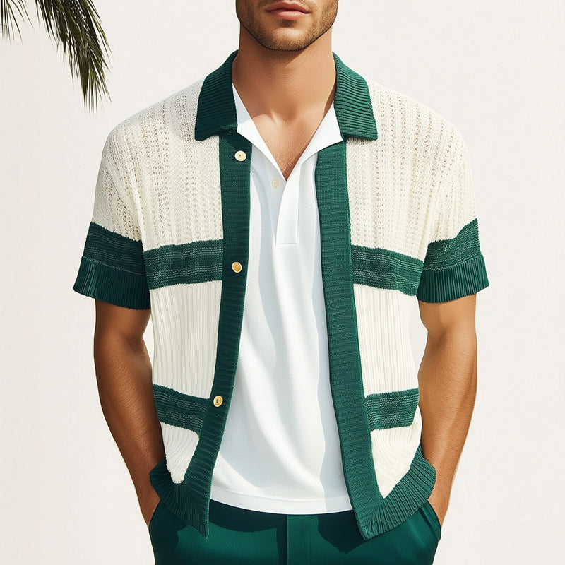 Men's Summer Comfortable Breathable Color Block Knitted Short-Sleeved Shirt MTA1651E6U