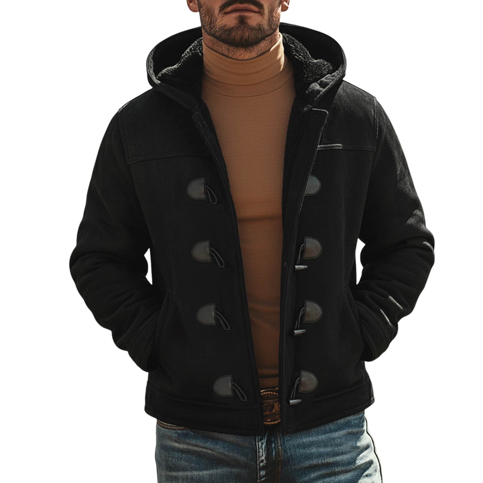 Men's Classic Retro Hooded Fleece Lined Horn Button Faux Suede Jacket MTA0197K1K