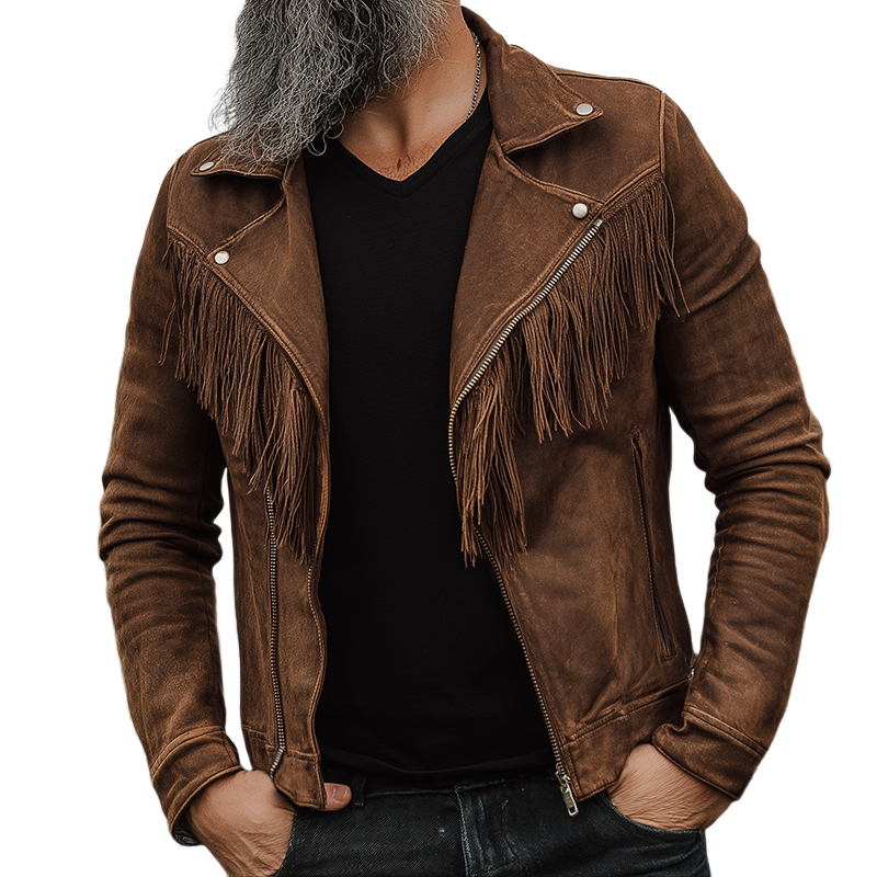 Men's Retro Casual Western Style Suede Tassel Zipper Biker Jacket  MTA2830H9TO