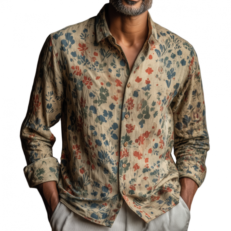 Men's Vintage Distressed Floral Print Lapel Slim Fit Long Sleeve Shirt MTA1816F3M