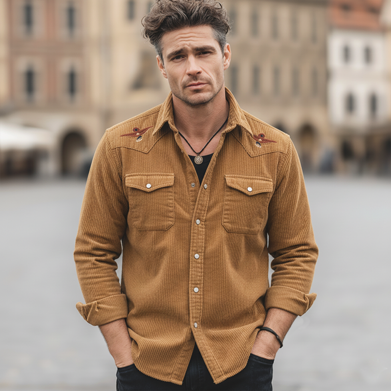 Men's Classic Corduroy Embroidered Casual Long-sleeved Shirt MTZ0537A6U