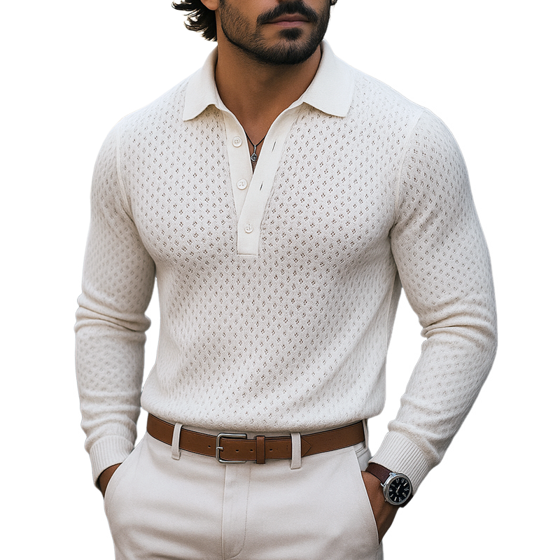 Men's Openwork Knit Lapel Long Sleeve Polo Shirt MTA1446H0Z