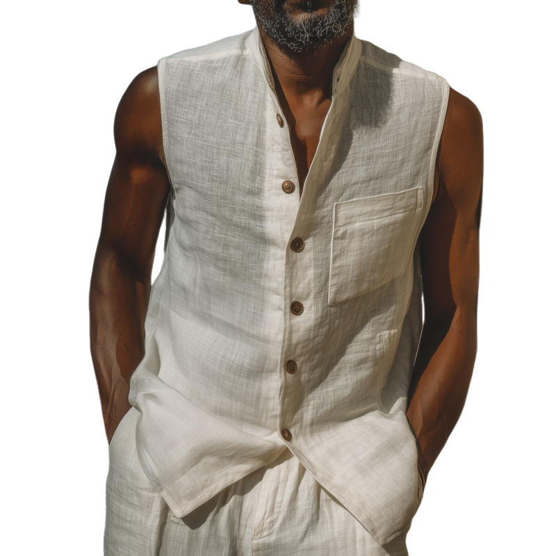 Men's Casual Solid Color Breathable Cotton Linen Stand-up Collar Patch Pocket Slim Sleeveless Shirt MTA1185G2M