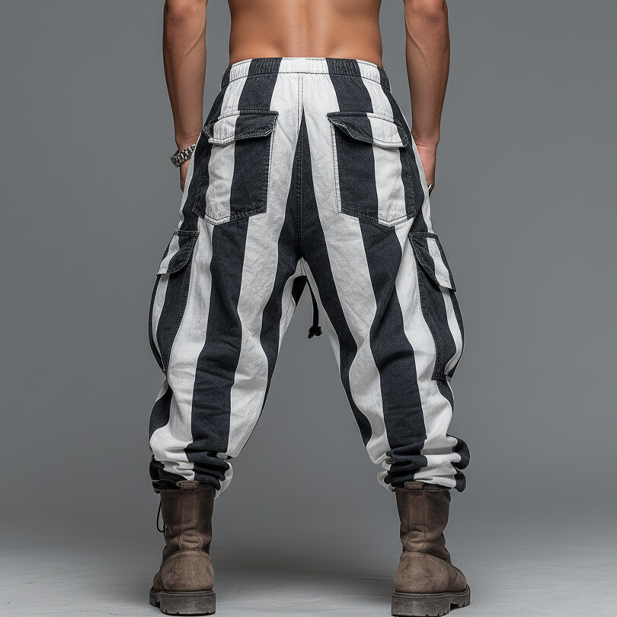 Men's Casual Black And White Striped Blend Elastic Waist Cargo Pants MTA2971J9K