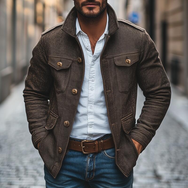 Men's Vintage Cotton Blend Lapel Single-Breasted Multi-Pocket Loose Work Jacket MTA2115H1M