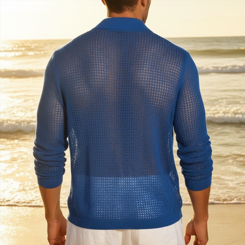 Men's Spring Fashion Cotton Yarn Knitted Lapel Hollow Long Sleeve Shirt MTZ0674B3P