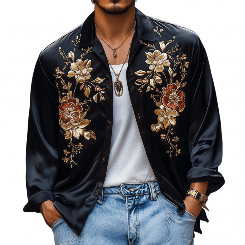 Men's Vintage Flower Embroidery Elegant Solid Satin Lapel Loose Long Sleeve Shirt MTA1976G3M