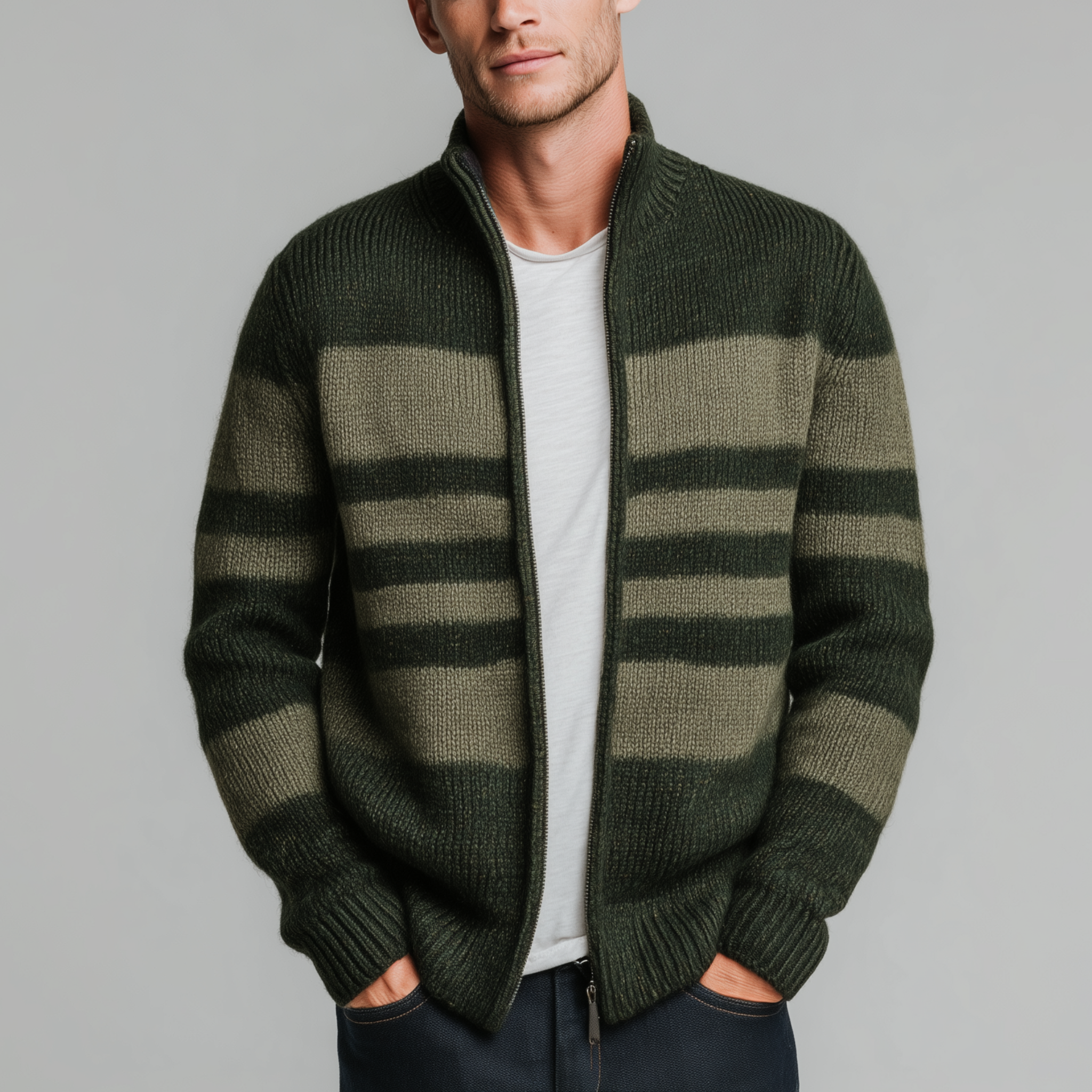 Men's Classic Retro Striped Stand Collar Zipper Knitted Cardigan MTA2351I2K