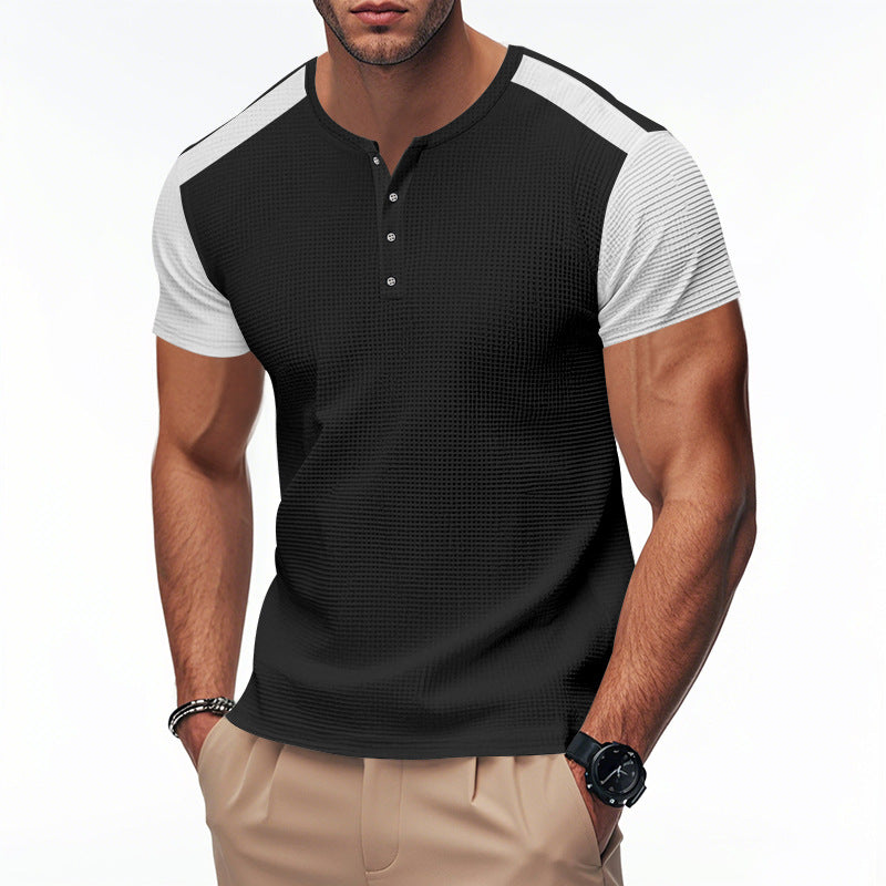 Men's Spring And Summer Fashion Casual Waffle Color Contrast Stitching Henry Collar Short Sleeve T-shirt MTA3021F4K