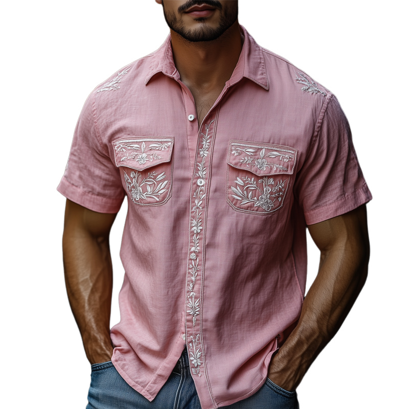 Men's Casual Pink Vintage Embroidered Blend Short-sleeved Shirt 73106502U