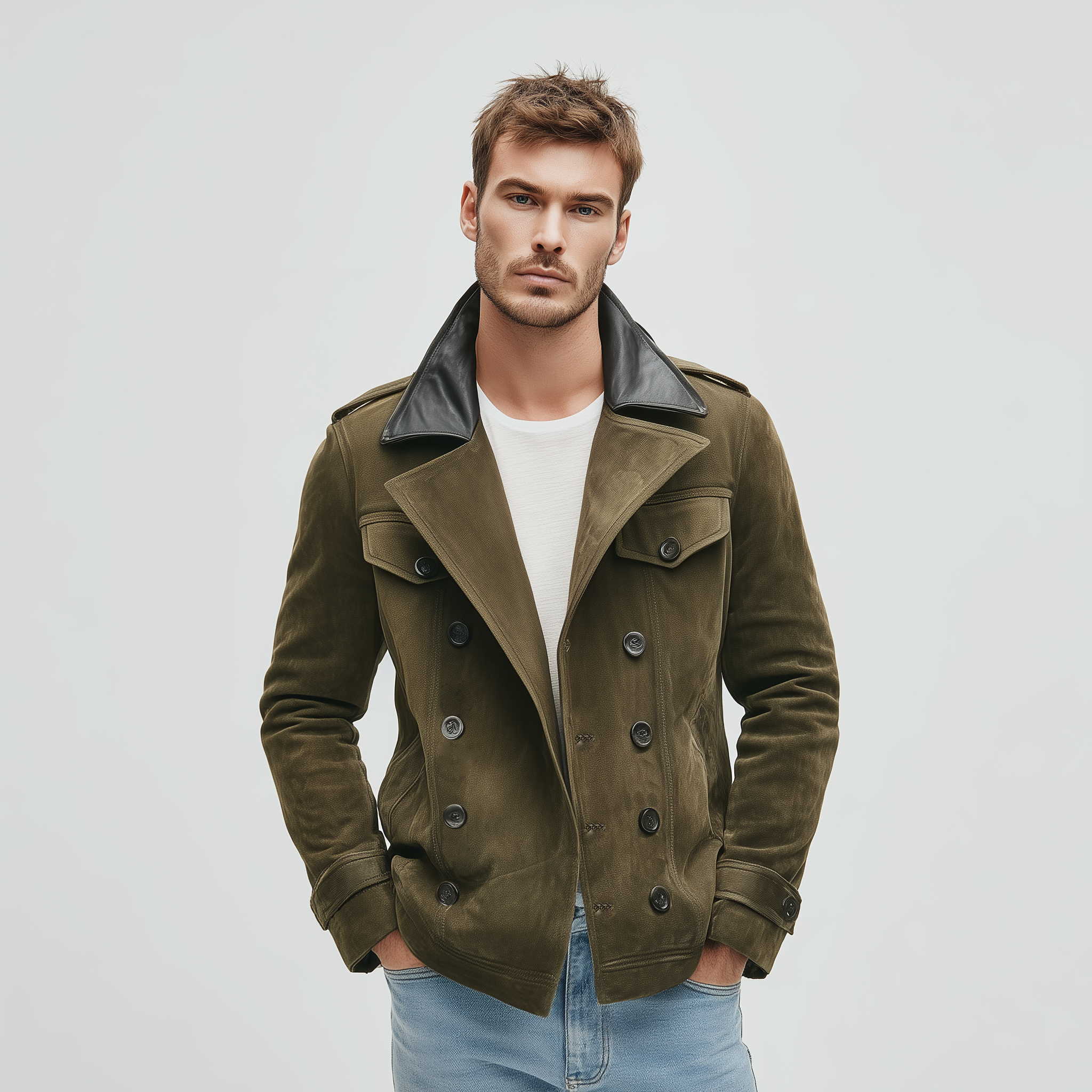 Men's Classic Retro Lapel PU Leather Double-breasted Multi-pocket Suede Jacket MTA0222I9K