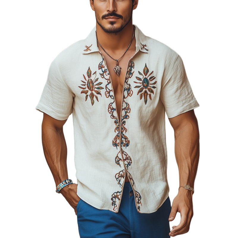 Men's Cotton and Linen Vintage Embroidered Short-sleeved Shirt 16049900U