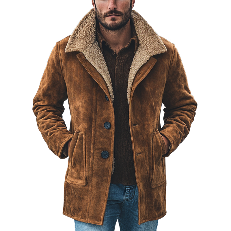 Men's Retro Faux Suede Lapel Solid Color Pocket Mid-Length Coat MTA0306K2X