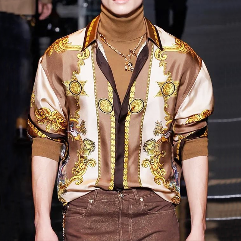 Men's Casual Satin Vintage Print Long Sleeve Shirt MTA1947H2U