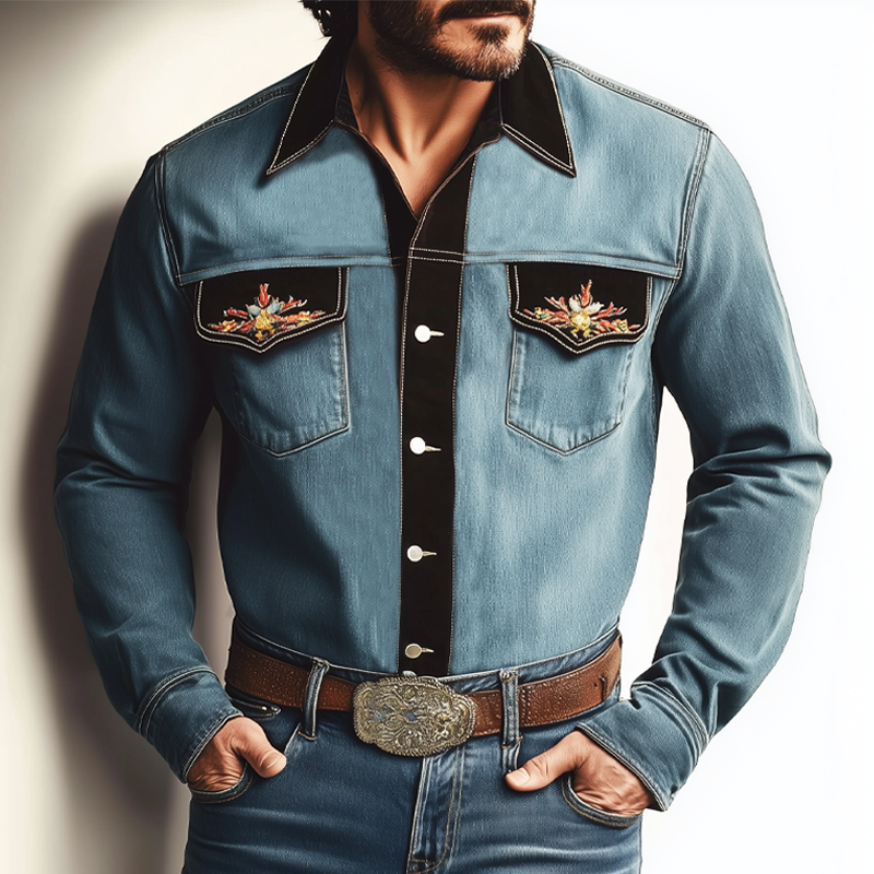 Men's Vintage Distressed Denim Colorblock Embroidered Long-sleeved Shirt MTA0745H9U