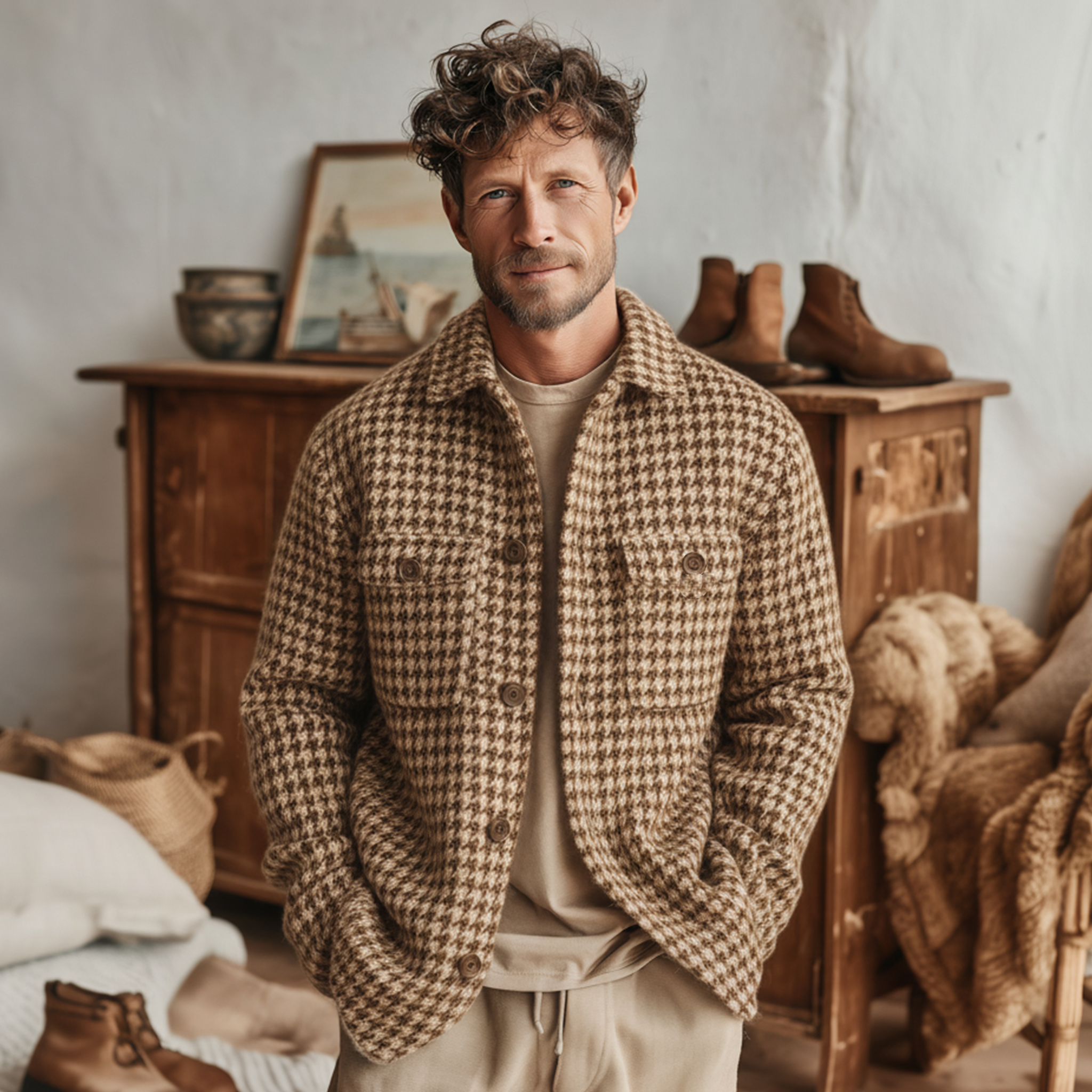 Men's Classic Casual Faux Houndstooth Wool Shirt MTA2742J7K