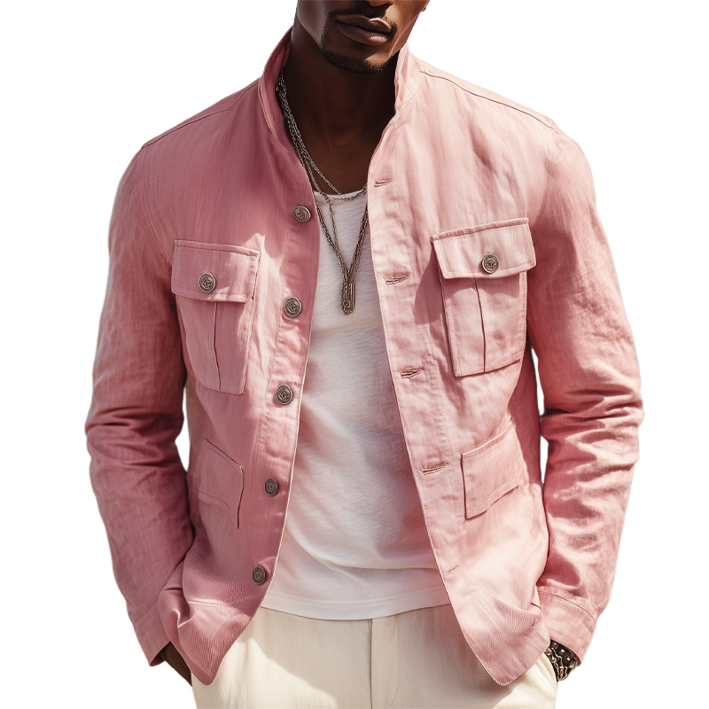 Men's Spring And Autumn Stand Collar Multi-Pocket Button Jacket MTA1241H2U