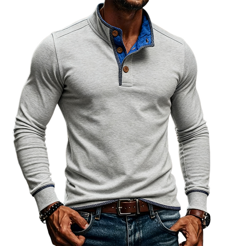 Men's Contrast Color Blend Stand Collar Pullover Long Sleeve T-shirt MTA1778J7X