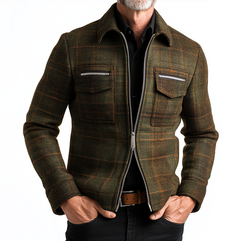 Men's Retro Casual Plaid Printed Tweed Zipper Lapel Jacket MTA2801H3TO