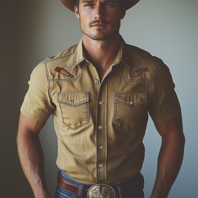 Men's Western Cowboy Style Accordion Embroidery Denim Short Sleeve Shirt MTA0815E1U