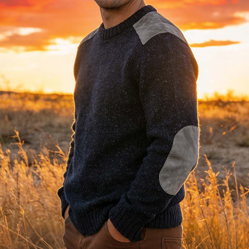 Men's Retro Casual Faux Suede Patchwork Knit Crew Neck Sweater MTA1208L3TO