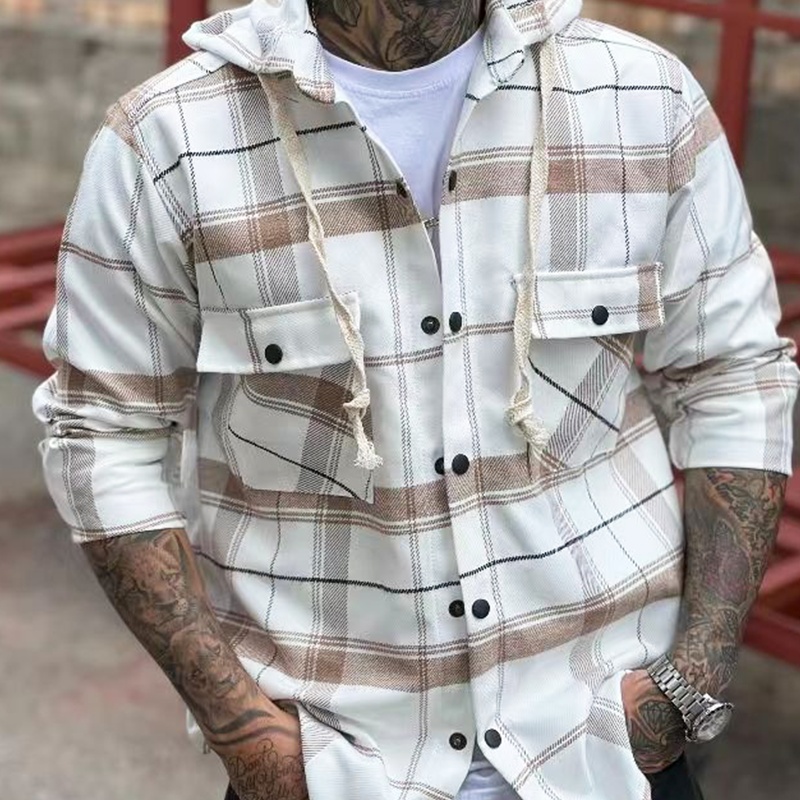 Men's Spring/Autumn Classic Plaid Hooded Snap-Button Jacket MTA1781G7U
