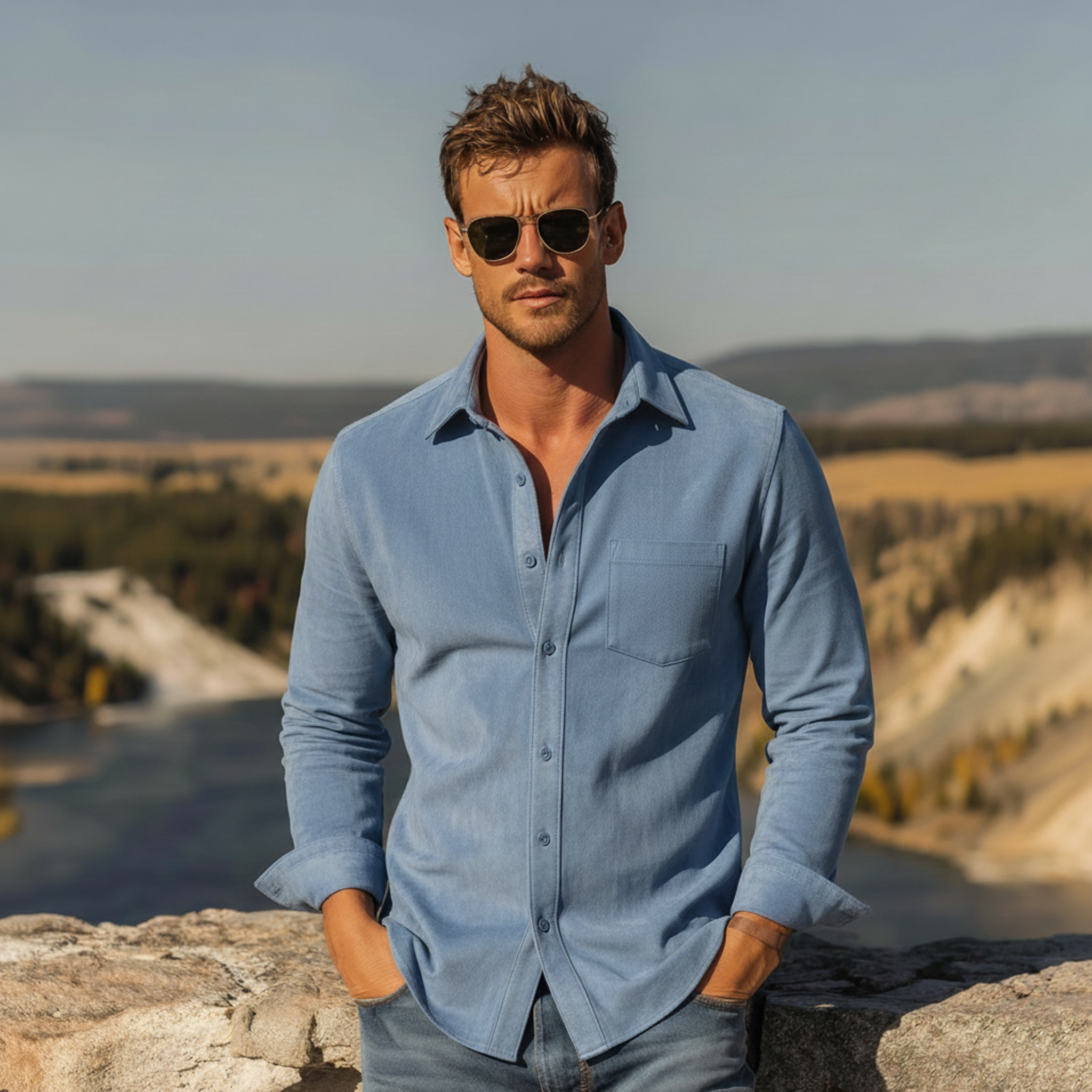 Men's Classic Casual Faux Suede Collared Long-sleeved Shirt MTZ0456A5K