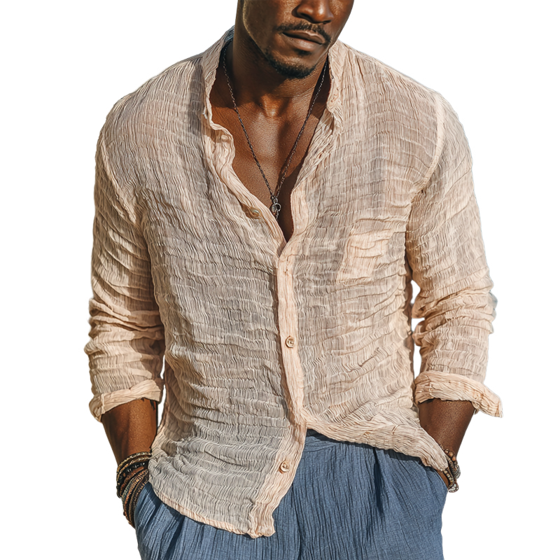 Men's Lightweight Crinkled Ripple Chiffon Stand Collar Long Sleeve Shirt MTA1623G9Z