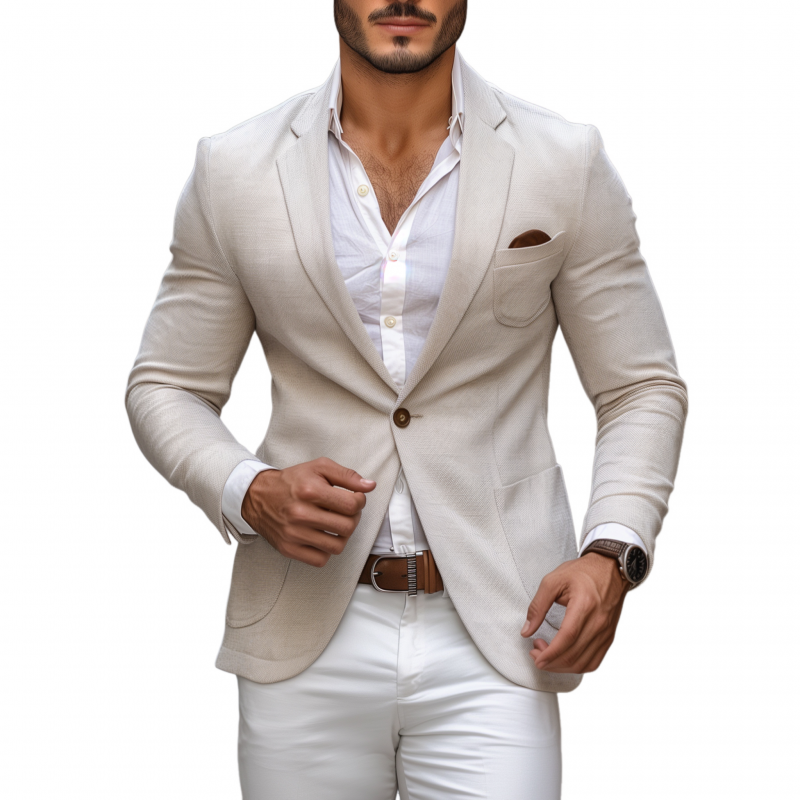 Men's Casual Solid Color Cotton Linen Blend Notch Lapel Single-breasted Slim-fit Blazer MTA2820G9M