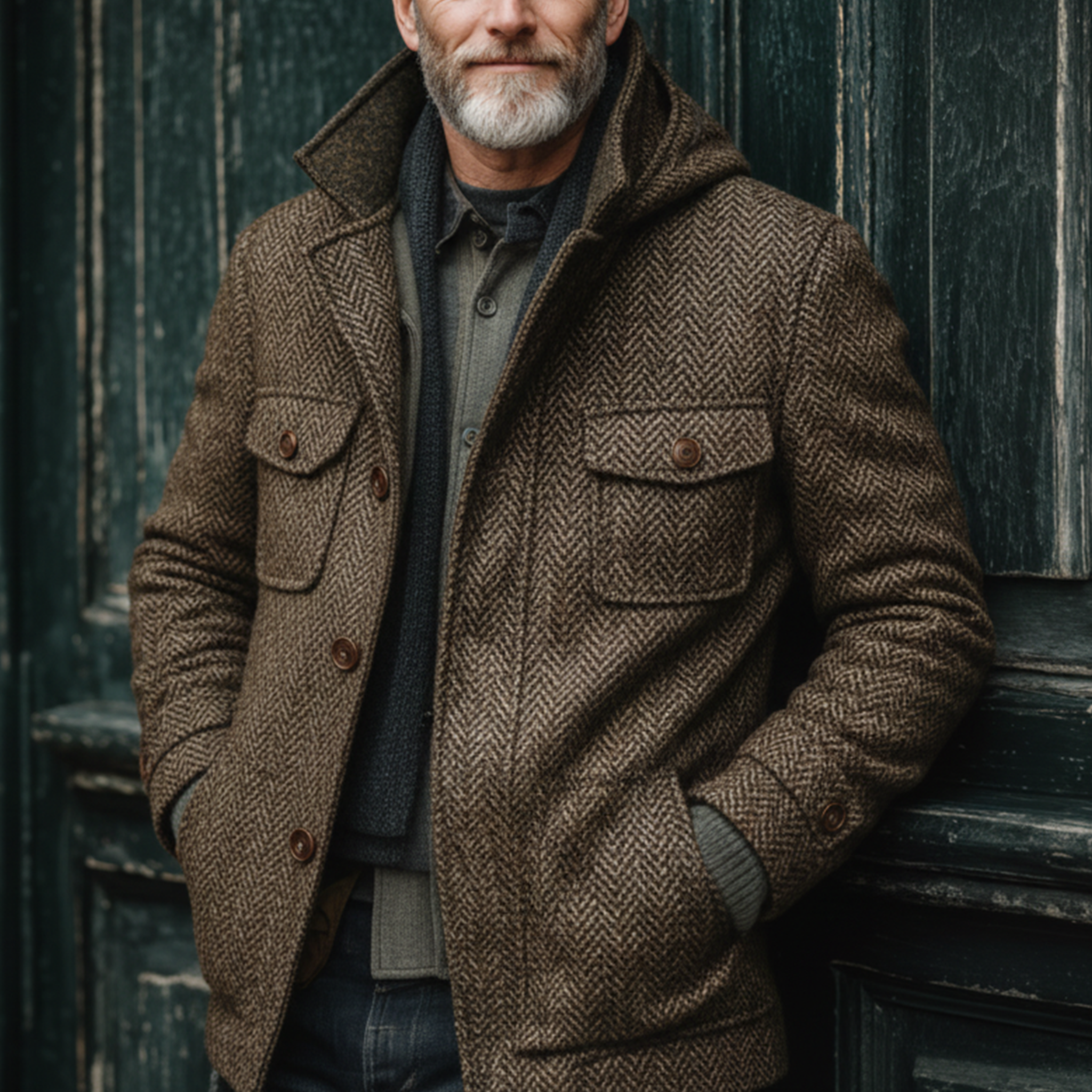 Men's Classic Retro Stand Collar Hooded Multi-pocket Faux Herringbone Wool Jacket MTA2914I3K