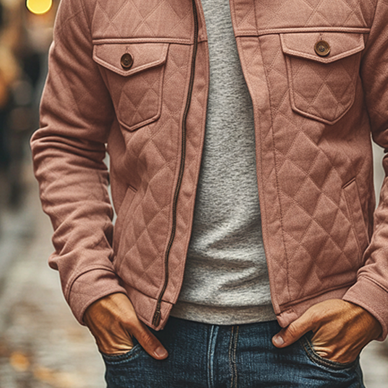 Men's Solid Color Cotton Blend Quilted Stand Collar Zip-up Jacket MTA0119K0X