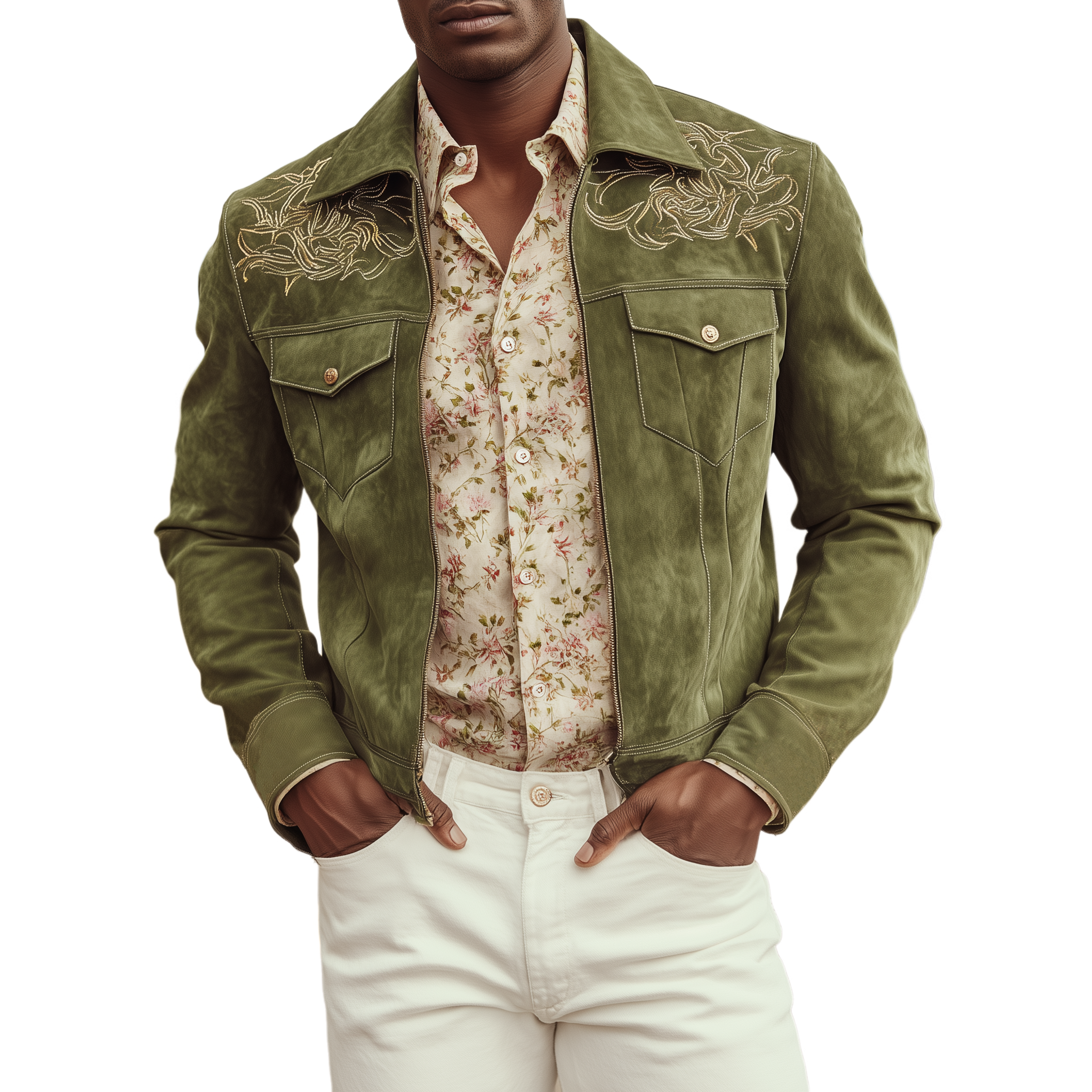 Men's Classic Casual Shoulder Embroidered Suede Lapel Zip-up Jacket MTA2714H9K