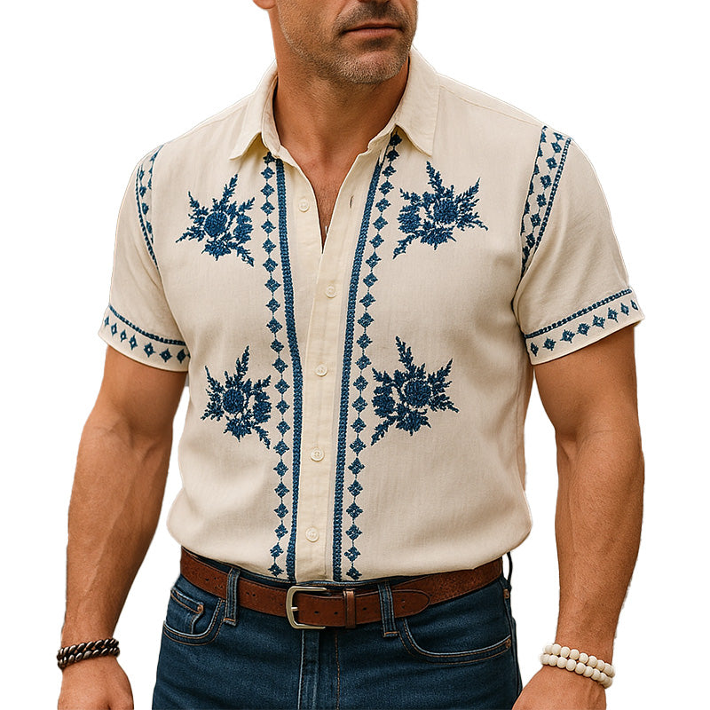 Men's Summer Western Cowboy Style Embroidered Thin Linen Short-Sleeved Shirt MTA2334E7P