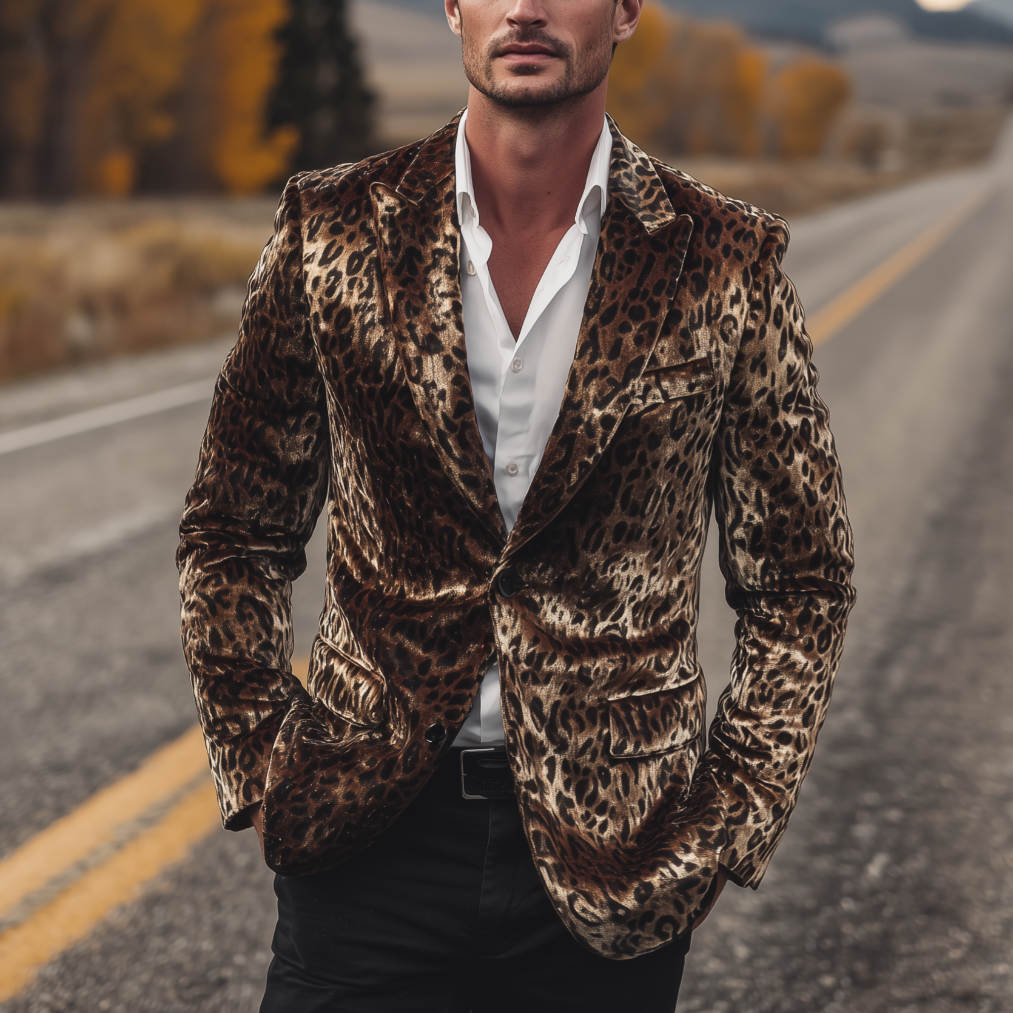 Men's Classic Vintage Western Style Leopard Print Velvet Single-breasted Blazer MTA2803H4K